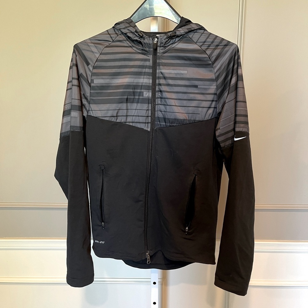 Nike women's running jacket Dri Fit Small black full zip stretch abstract gray